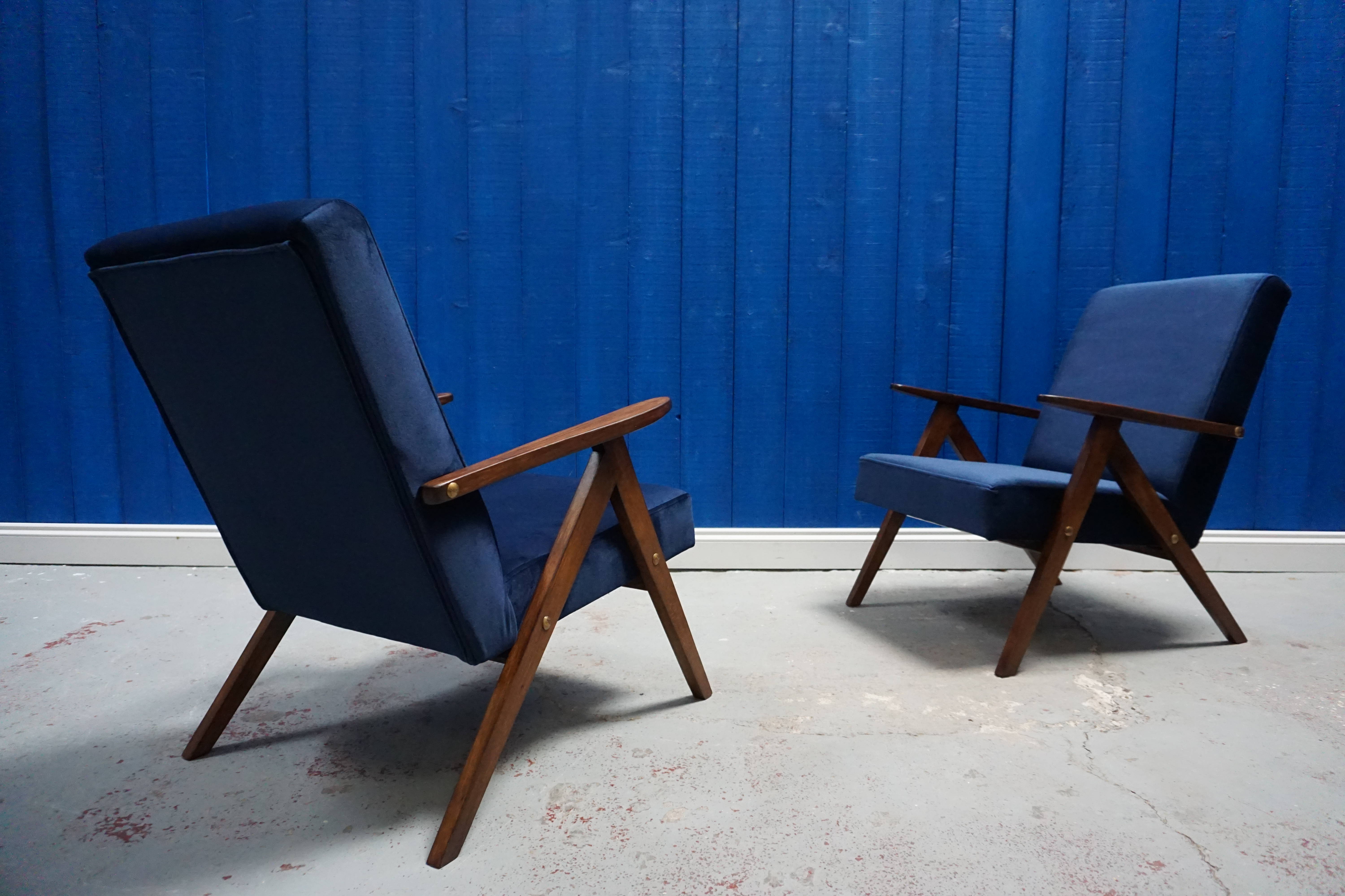 Mid century modern easy chairs from 1960's in navy blue velvet, set of 2