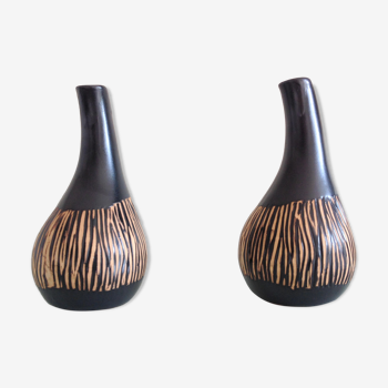 Paire de vases soliflores en ceramique marron vintage années 60-70