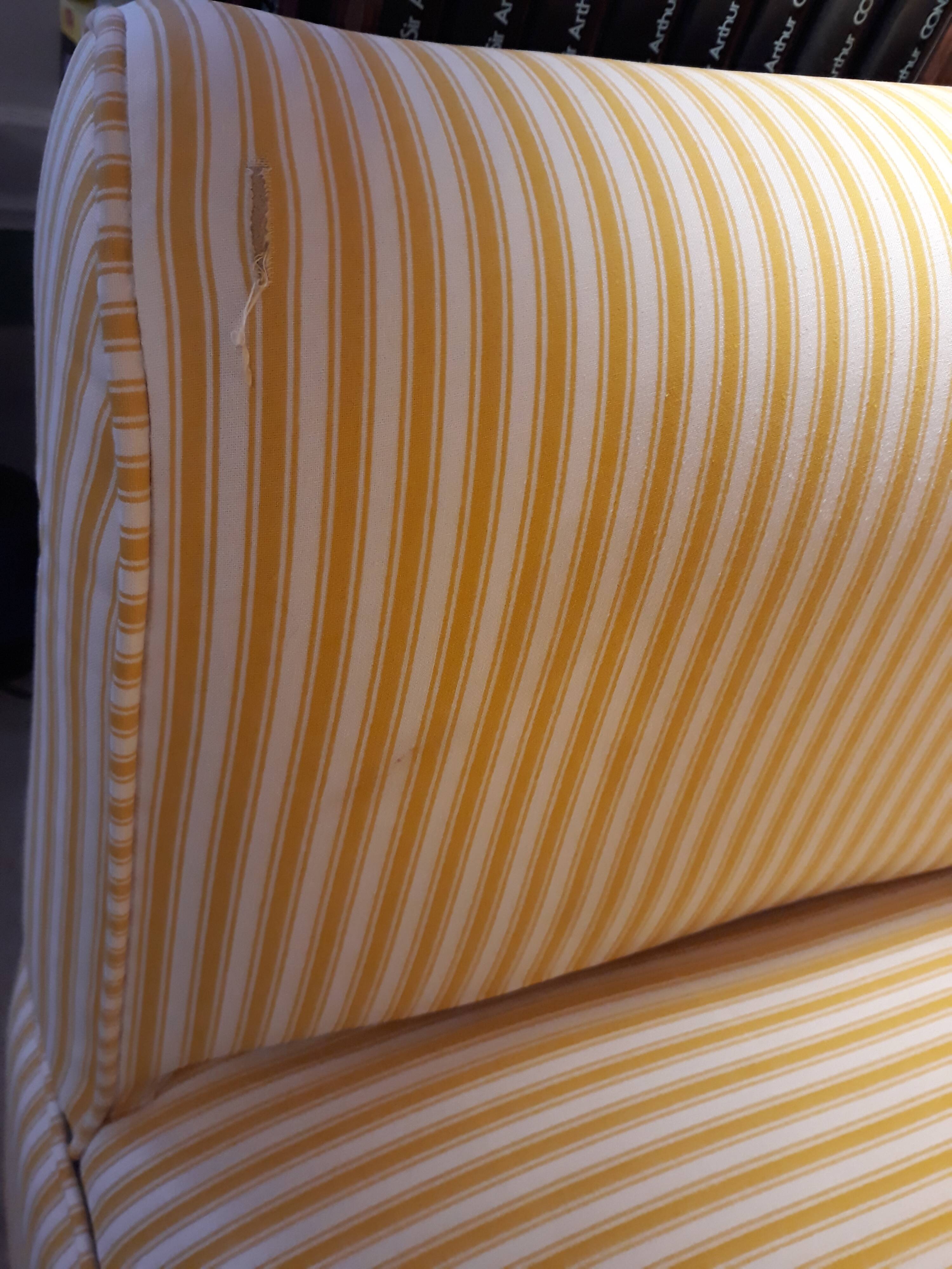 Club armchair in yellow and white striped fabric