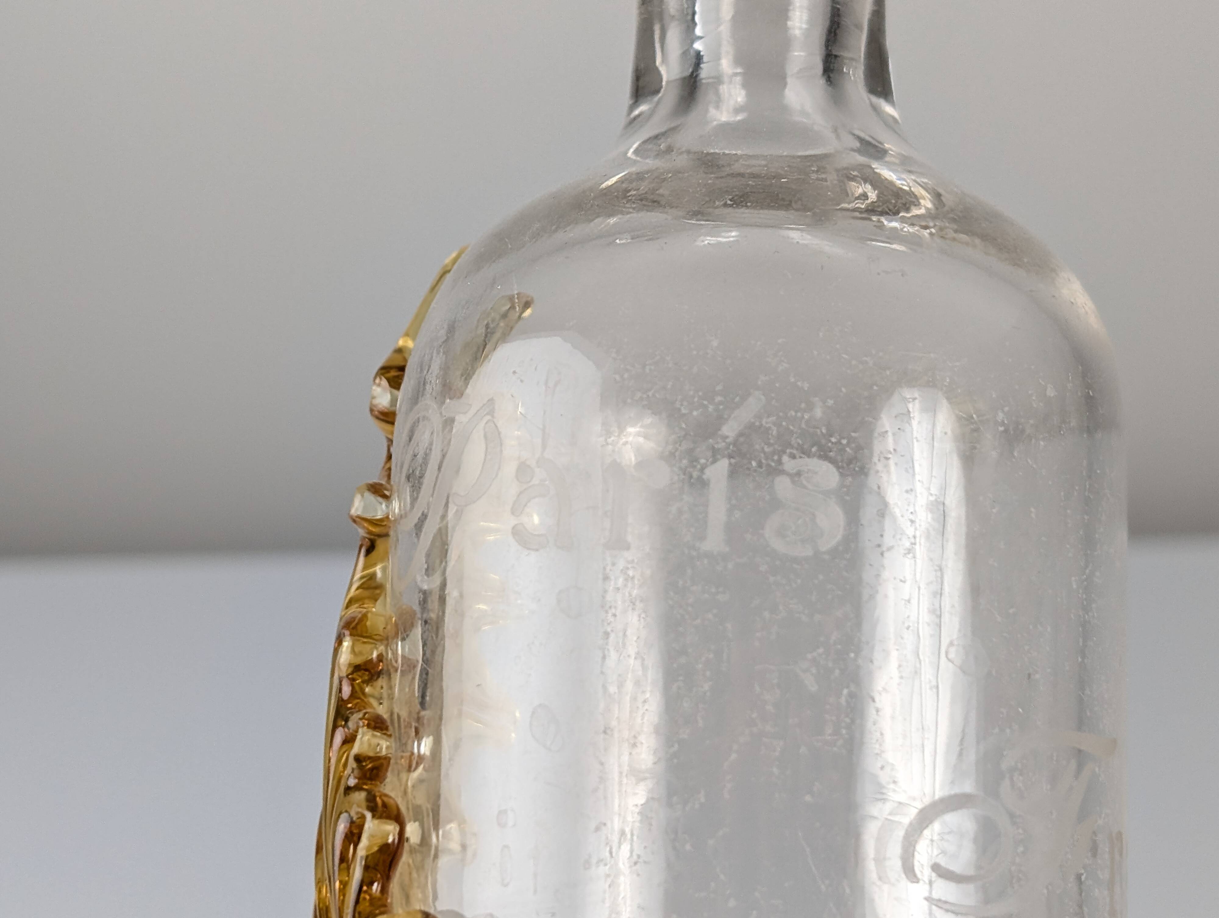 French Art Nouveau Uranium Glass Bottle with Applied Amber Leaves, c. 1900