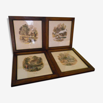 Série de 4 cadres en bois avec scènes anciennes des 4 saisons sur papier de luxe