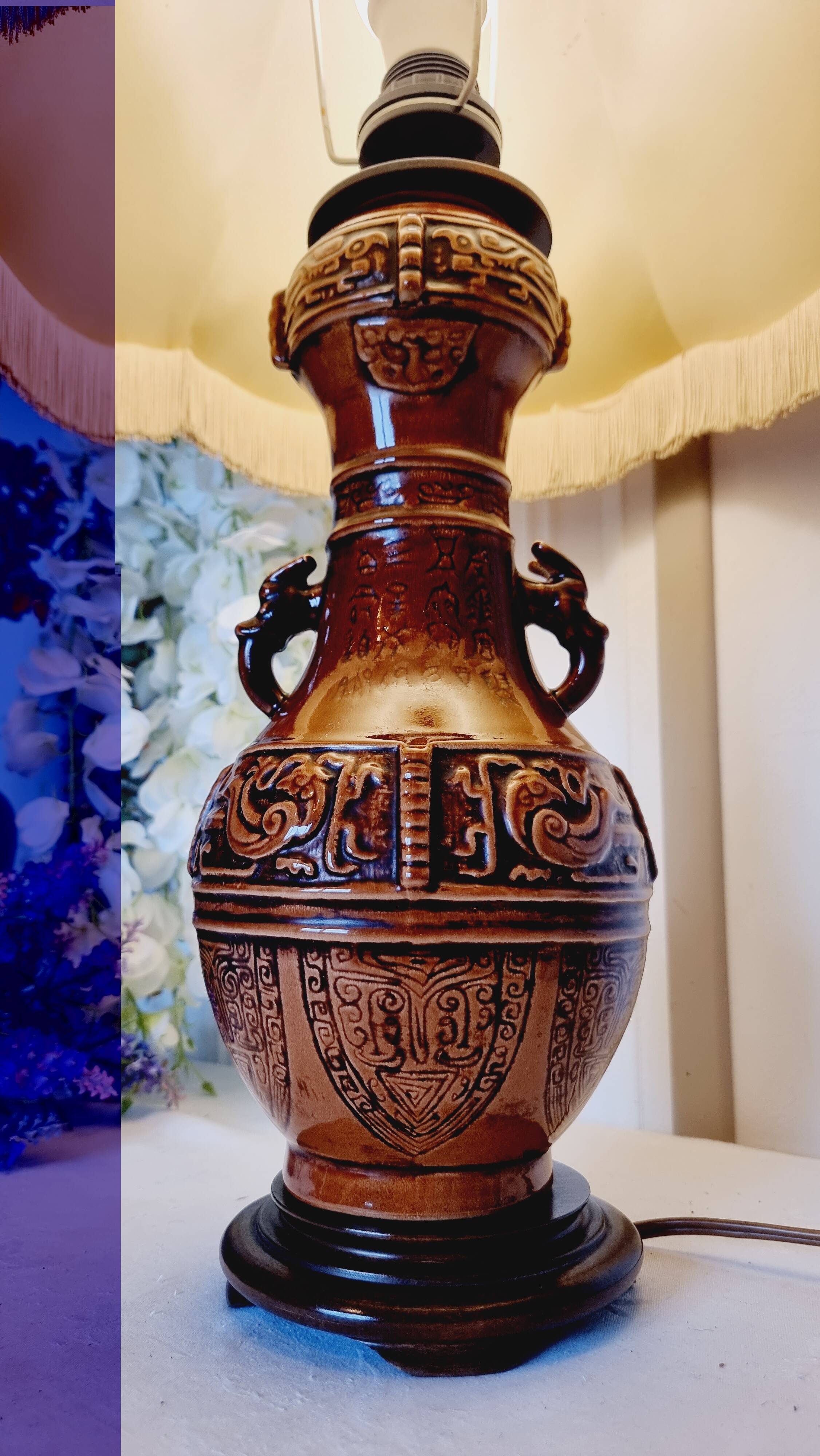 Large vintage table lamp in glazed ceramic, Oriental style 50s-60s.