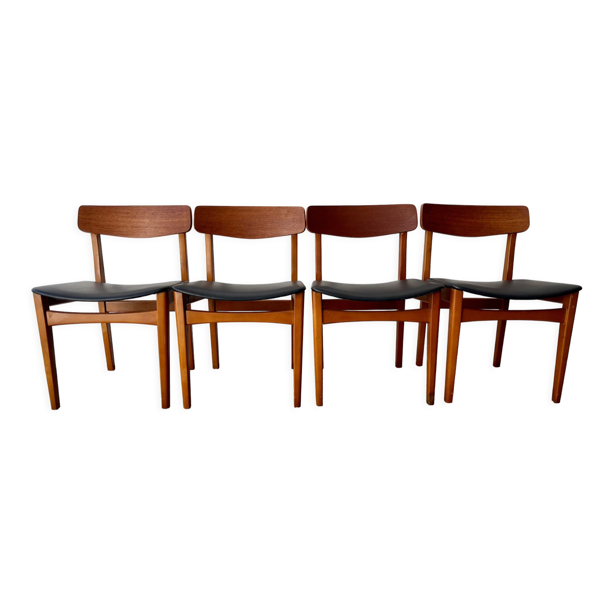 Set of 4 vintage dining chairs with black vinyl