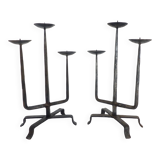 Pair of brutalist wrought iron candlesticks, France, three lights, signed