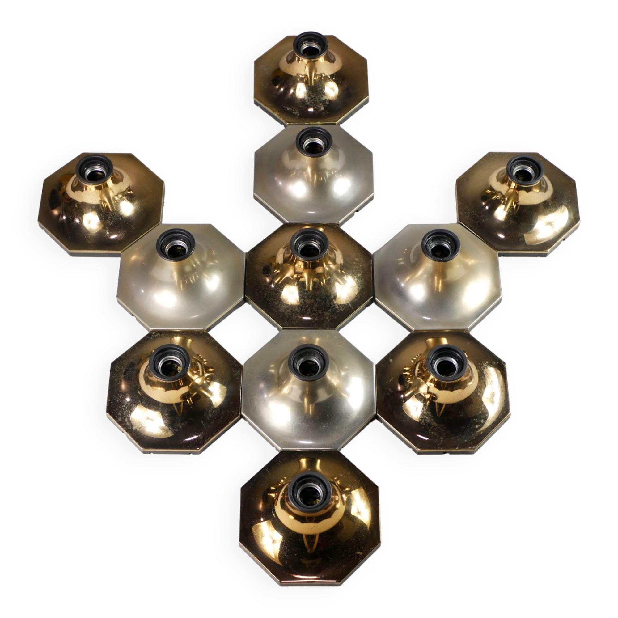 Suite of 11 octagonal brass wall lamps by Motoko Ishii