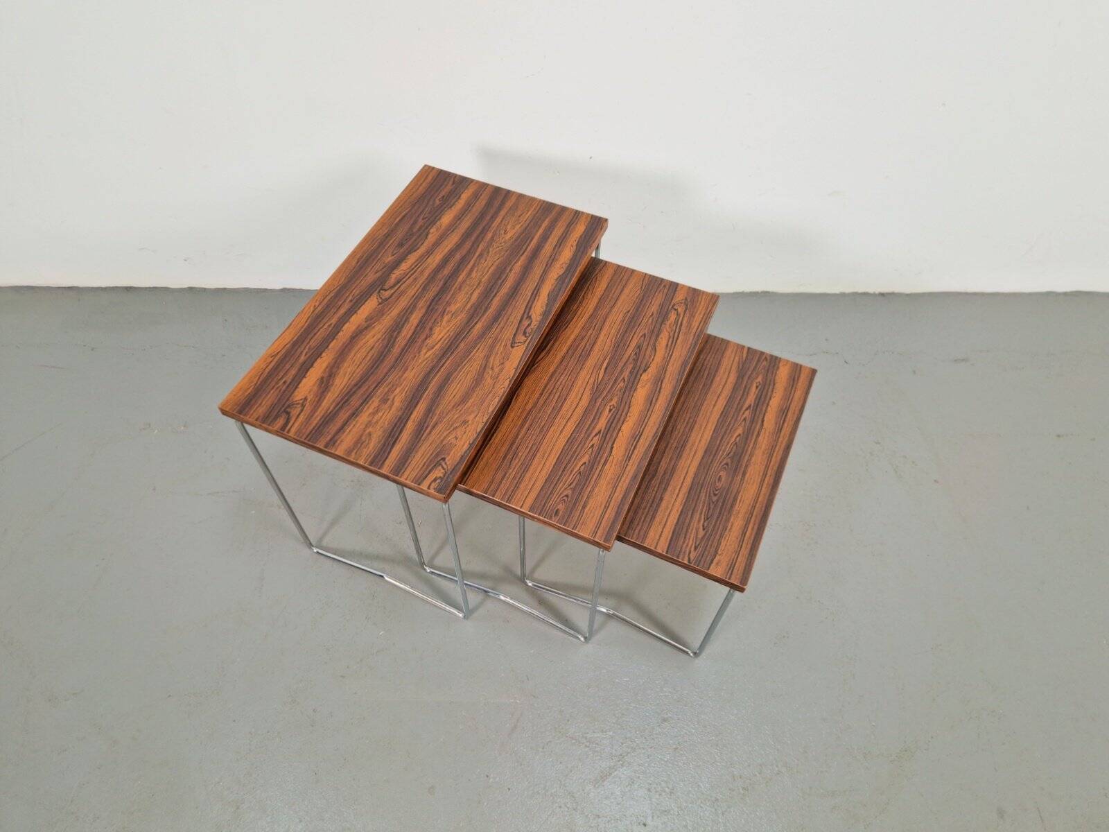Tables gigognes en chrome et bois de Brabantia, années 1970, ensemble de 3