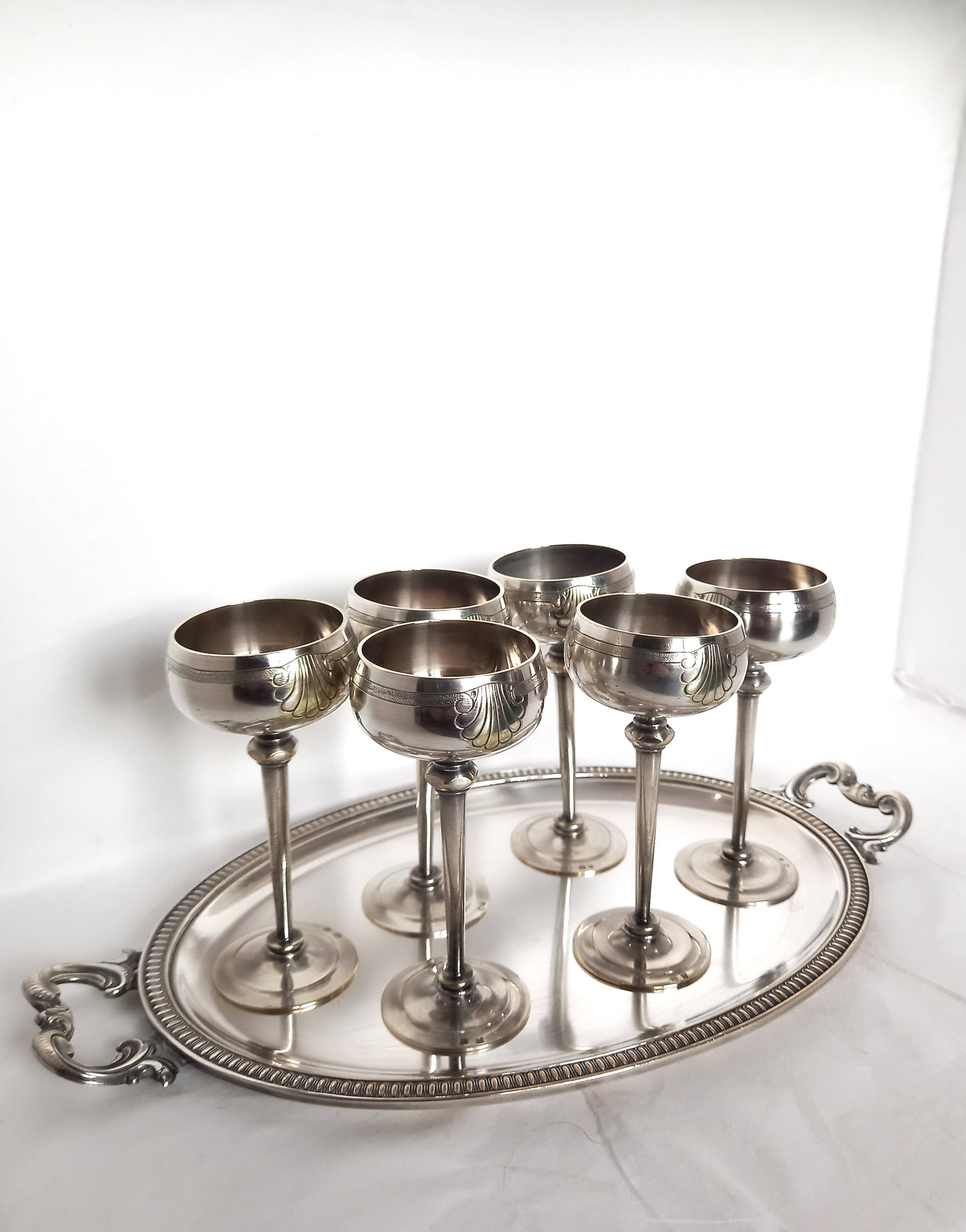 Silver Metal Liquor Set Consisting Of Six Stemmed Glasses On Their Tray