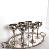 Silver Metal Liquor Set Consisting Of Six Stemmed Glasses On Their Tray