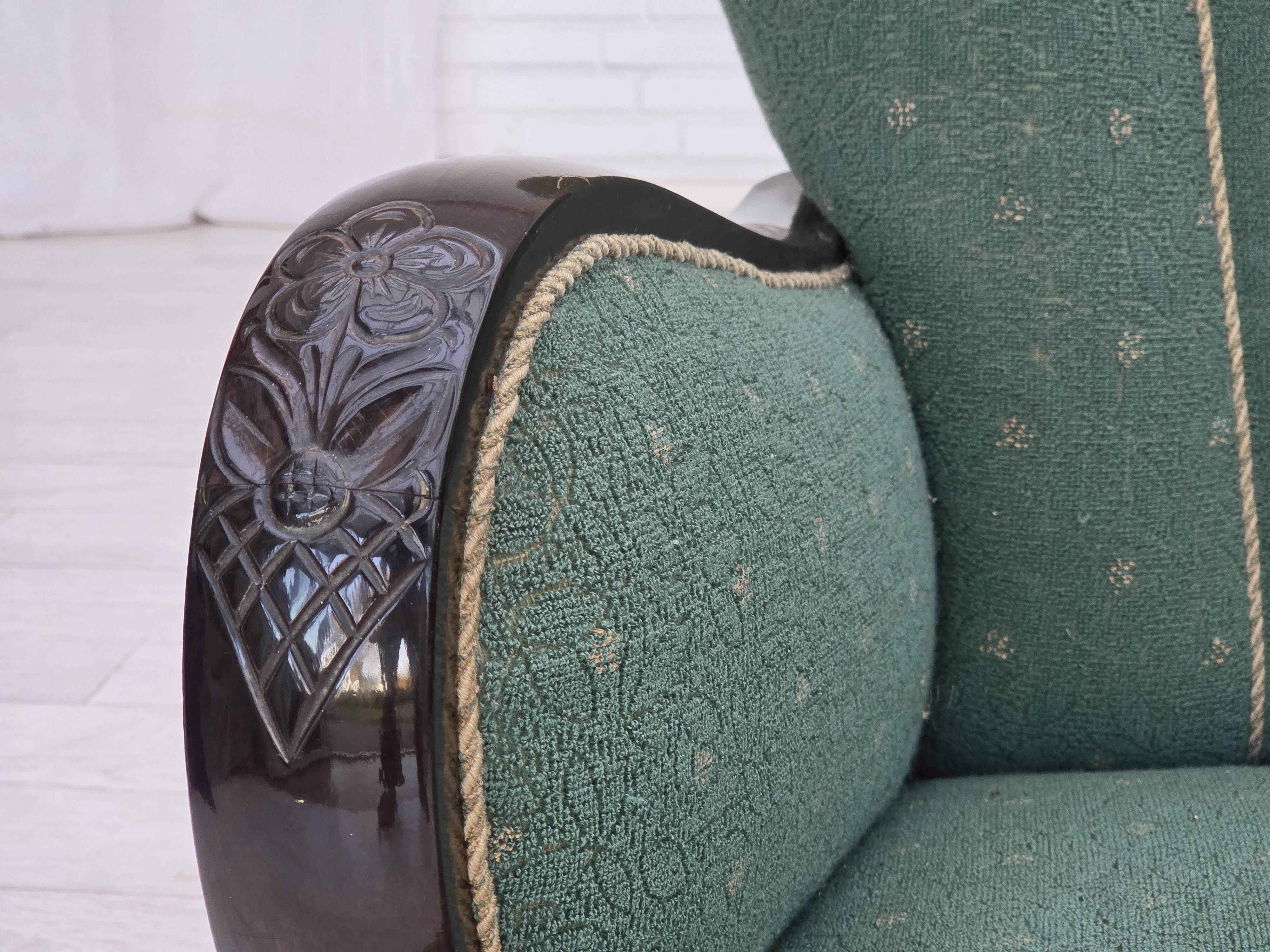 1960s, Danish armchair, green and beige furniture wool.