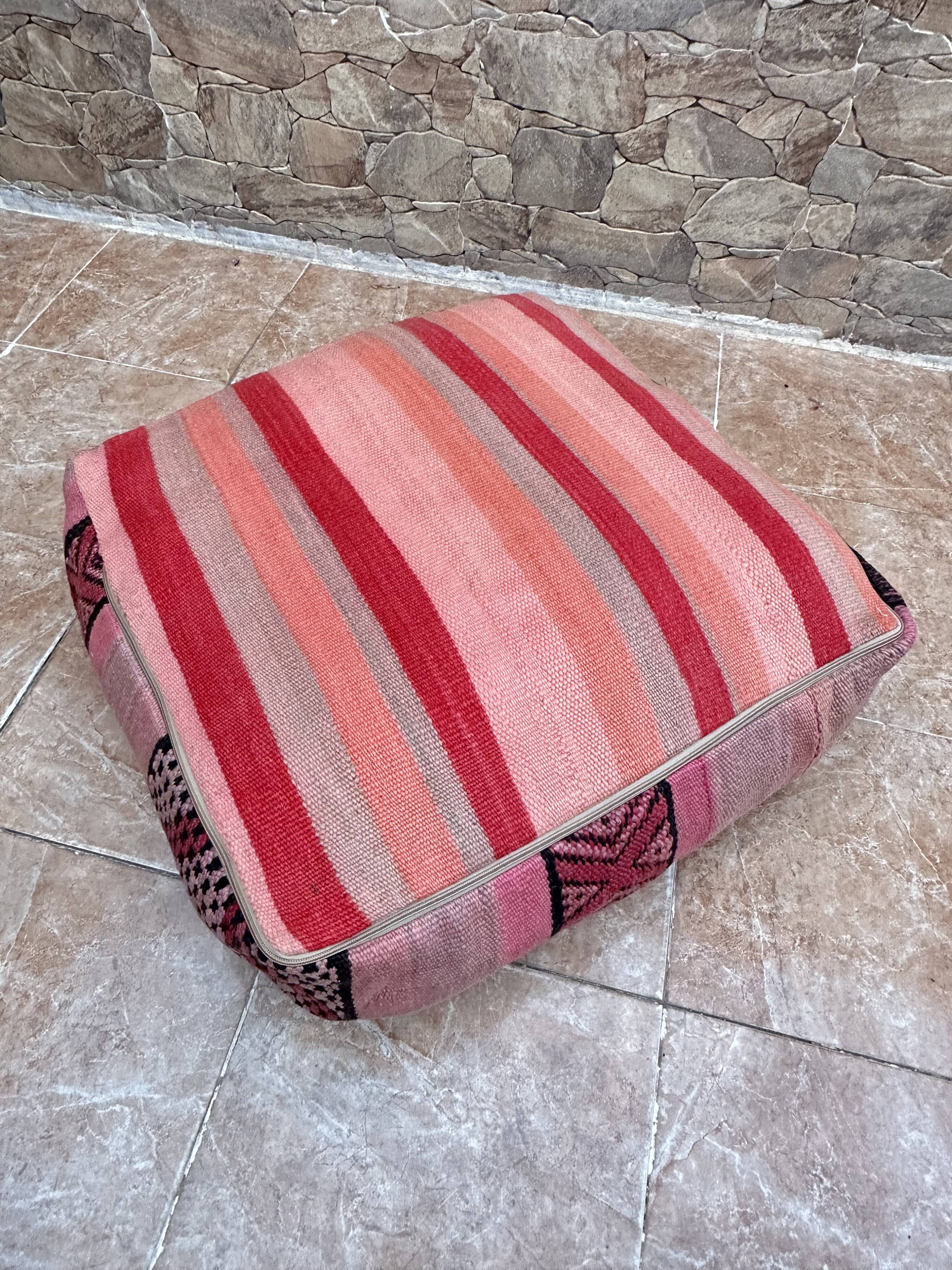 Vintage Berber Kilim Pouf: Handmade Moroccan Floor Cushion