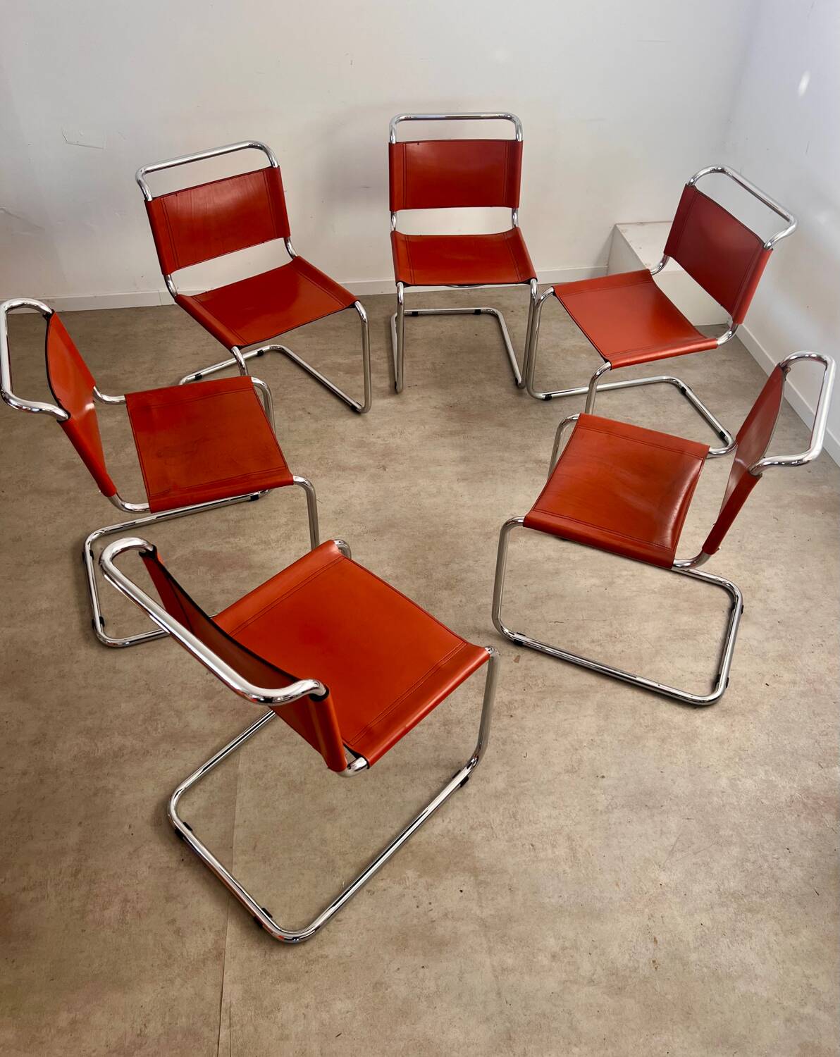 Lot 6 tubular chairs S33 design Mart Stam vintage cognac leather from the 70s