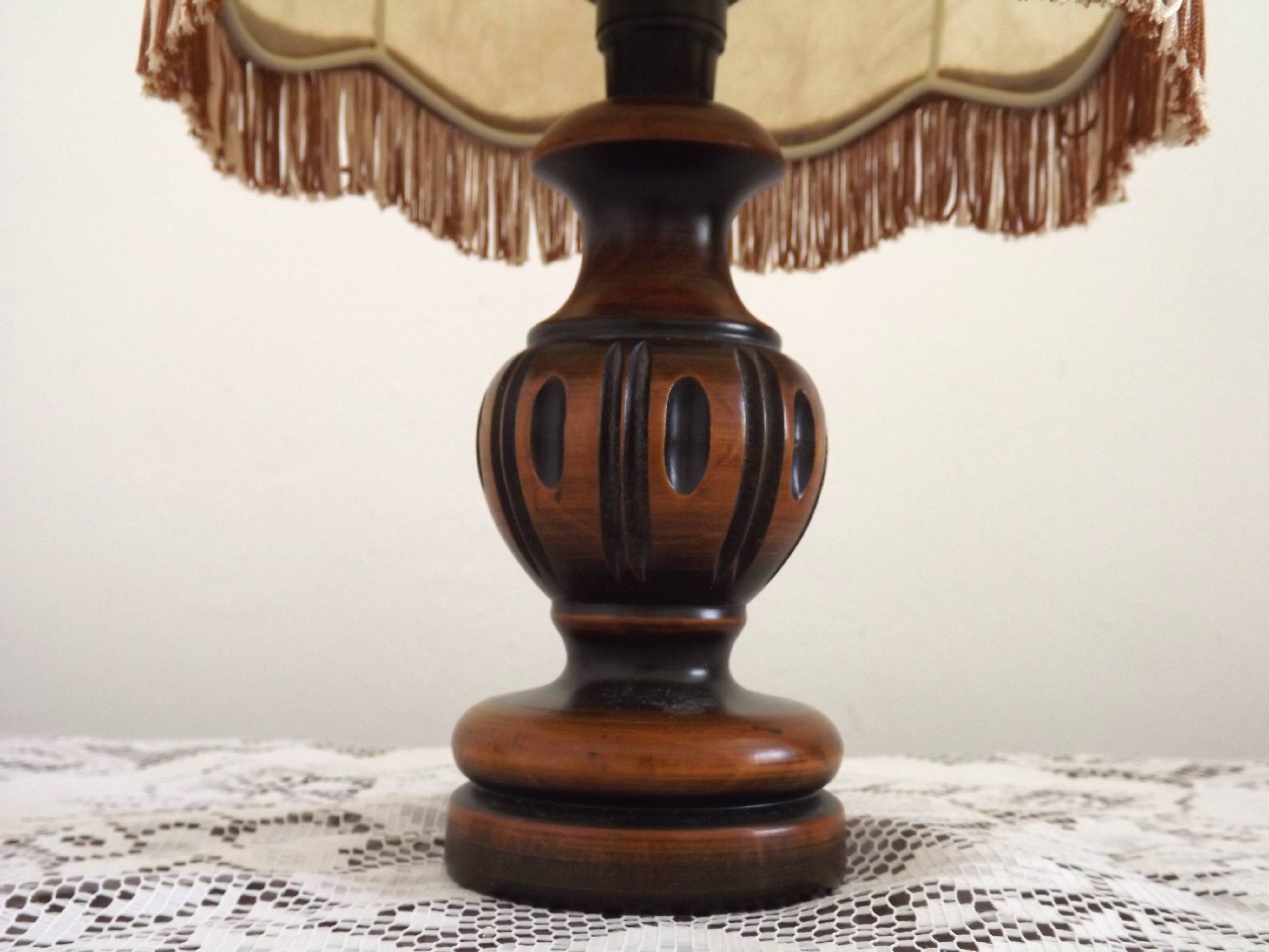 French Mid Century Round Turned Wood Grooved Table Lamp Hide Skin Shade