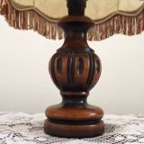 French Mid Century Round Turned Wood Grooved Table Lamp Hide Skin Shade