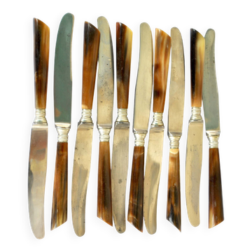 Lot de 10 couteaux anciens en corne et acier 1920 dessert fruit