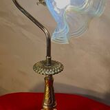 bronze art nouveau tulip lamp with translucent blue lace glass 39x25 cm