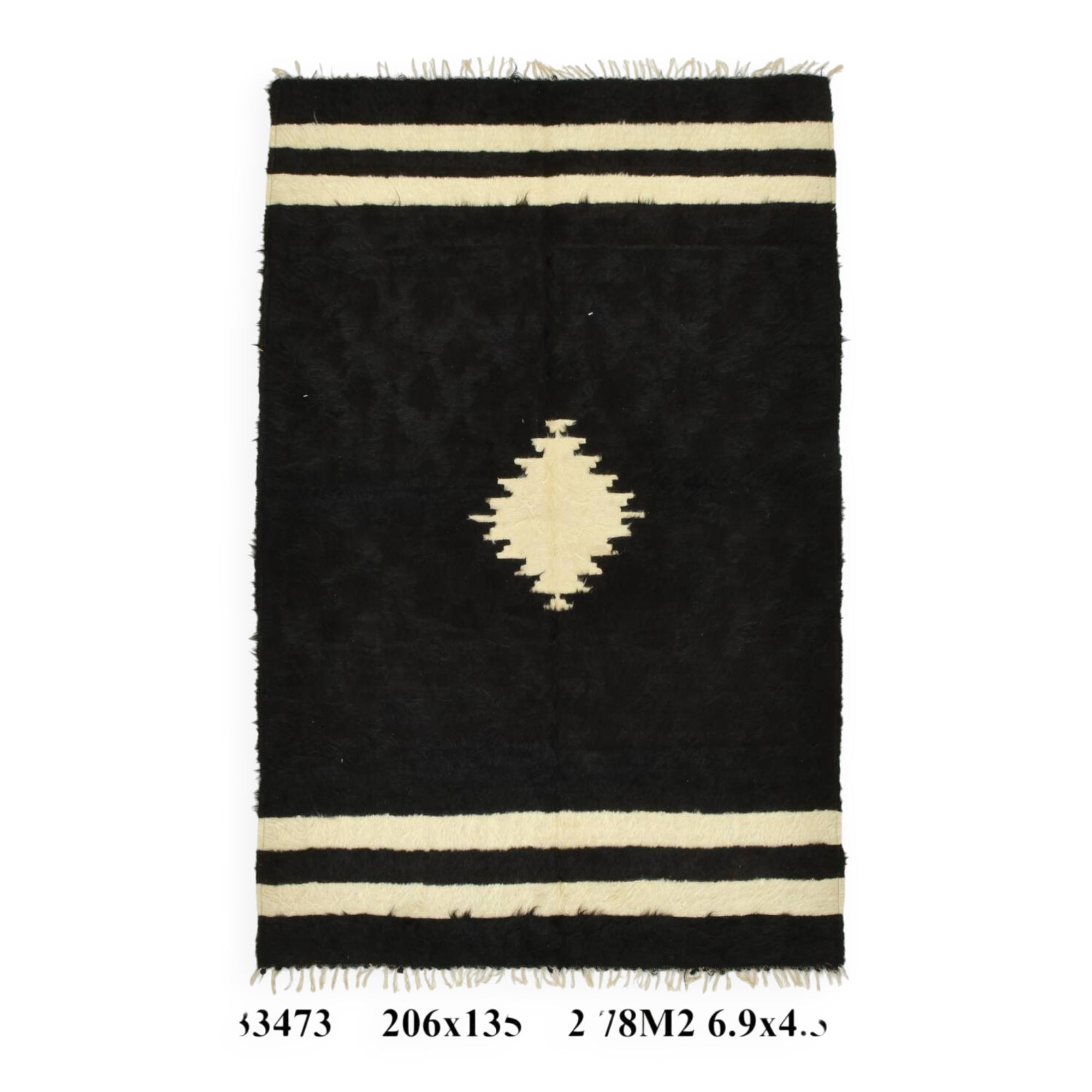 4x7 Cream & Black Angora Kilim Rug, 135x206Cm