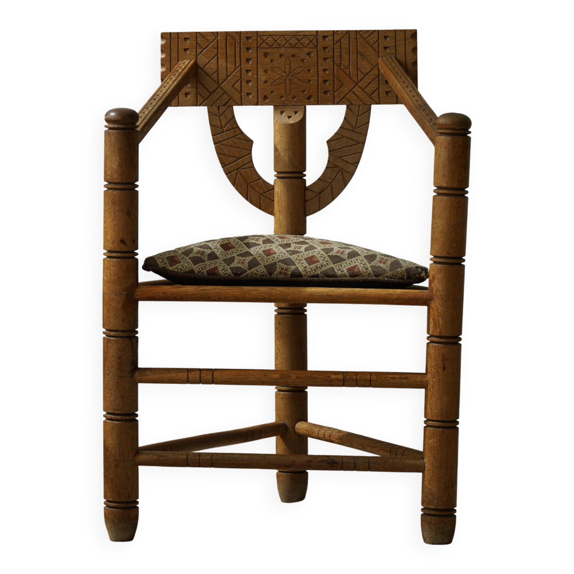 Carved monk's chair in solid oak, Wabi Sabi, Swedish, early 20th century.