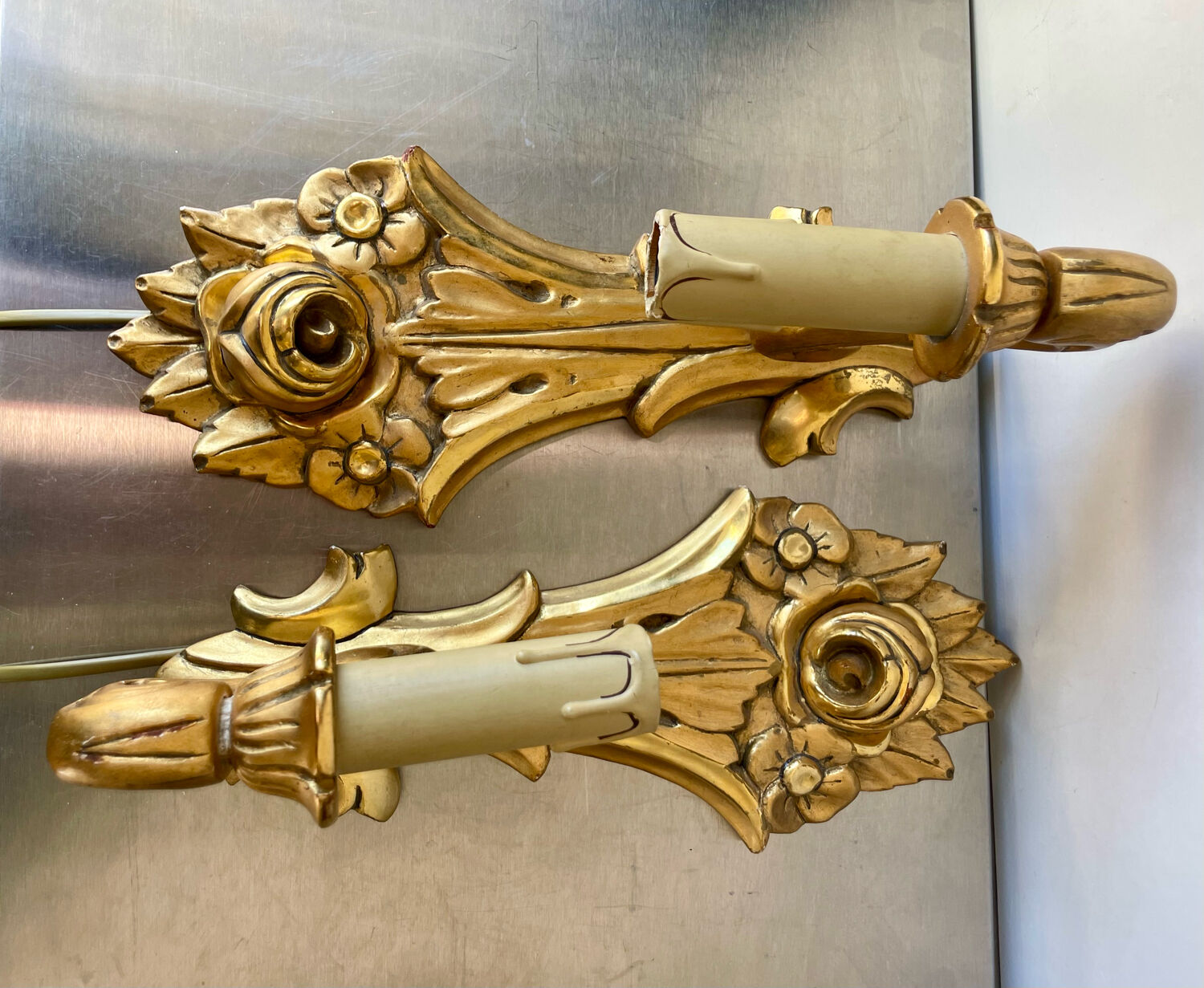 Pair of vintage gilded wood electric wall sconces