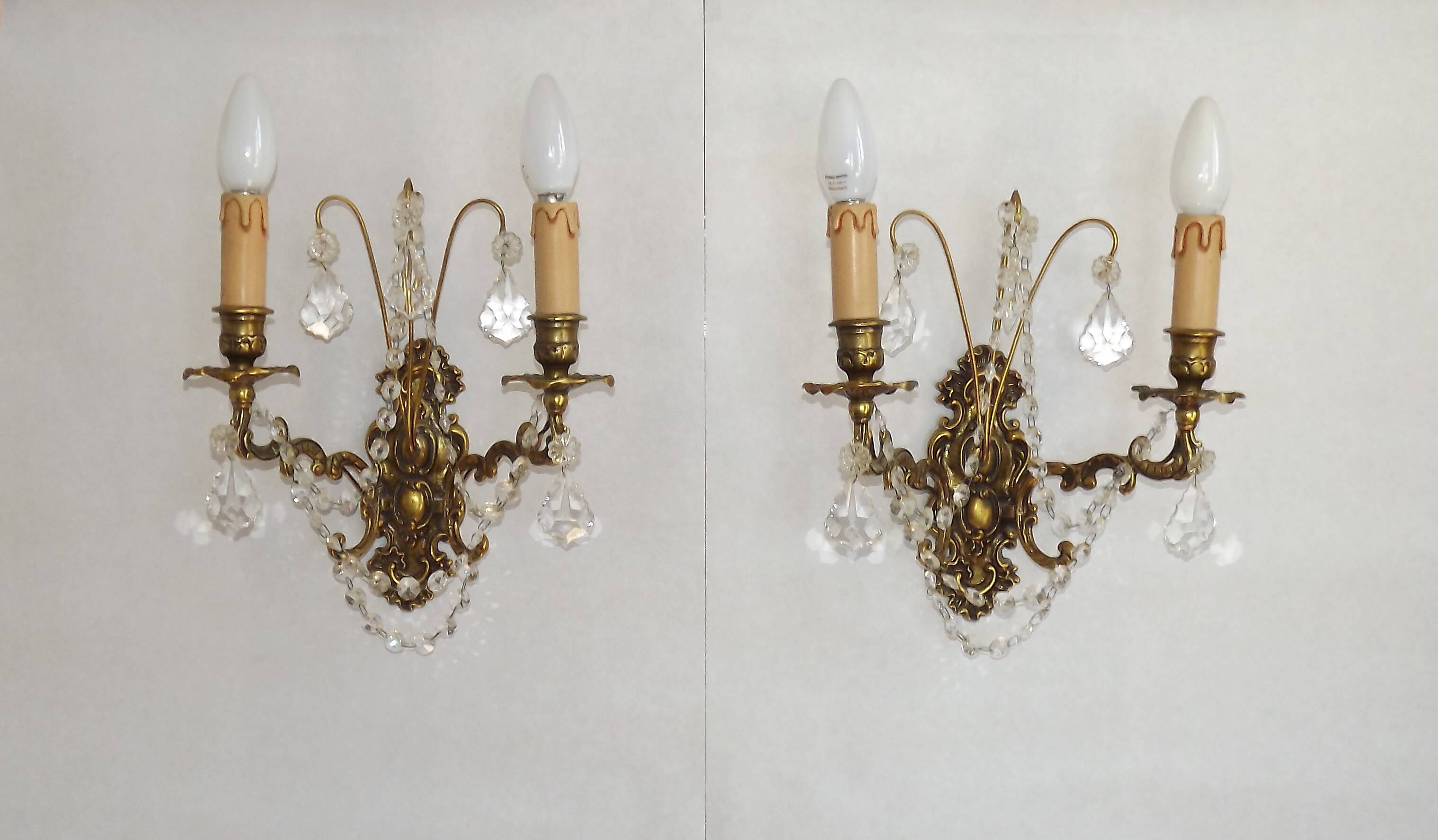 Pair of French Baroque Double Bronze Crystal Wall Lights Glass Bead Swags