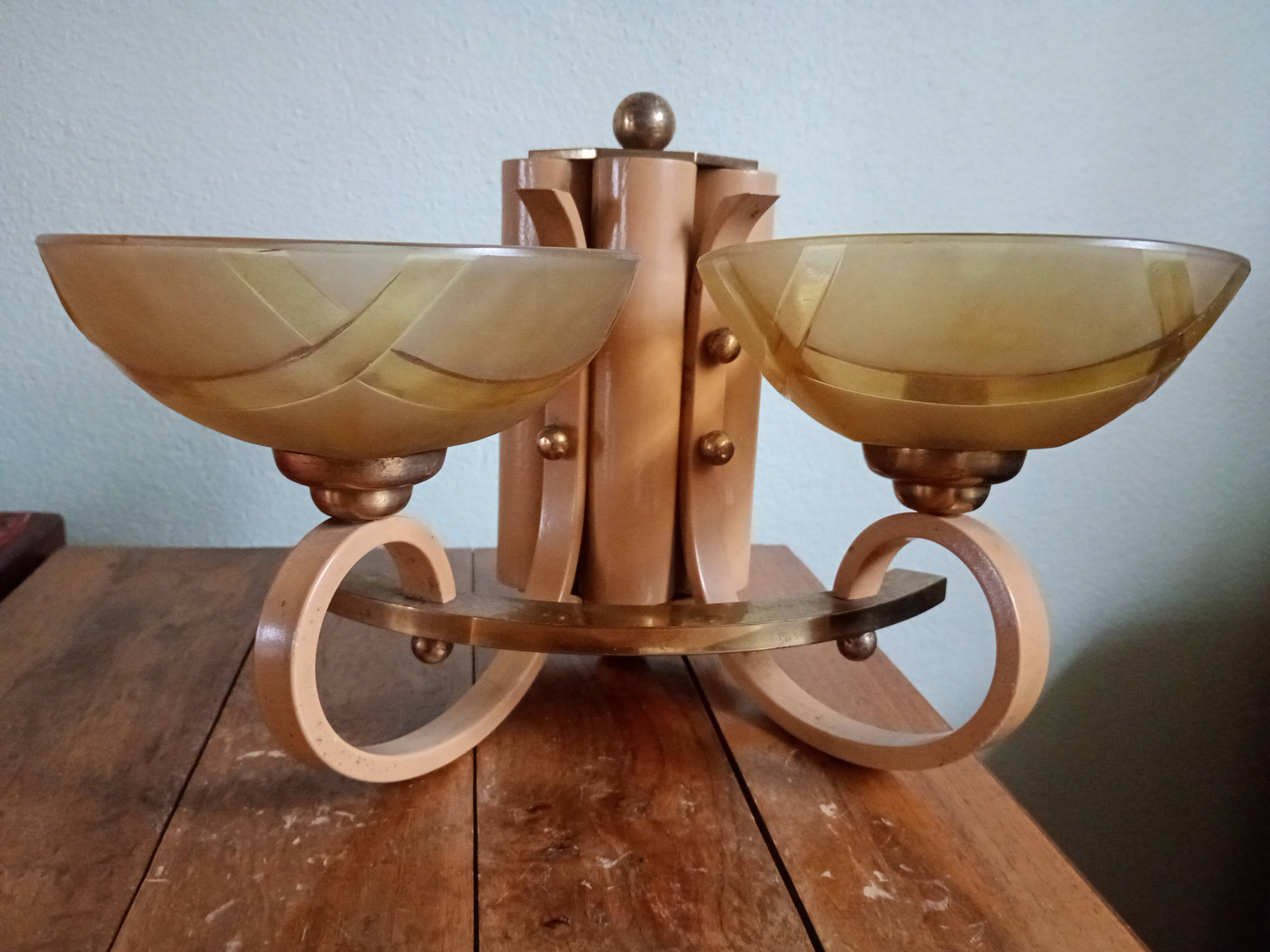 Double retro wall light - painted wood & brass - amber yellow frosted glass cups