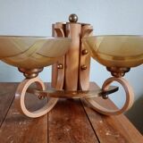 Double retro wall light - painted wood & brass - amber yellow frosted glass cups