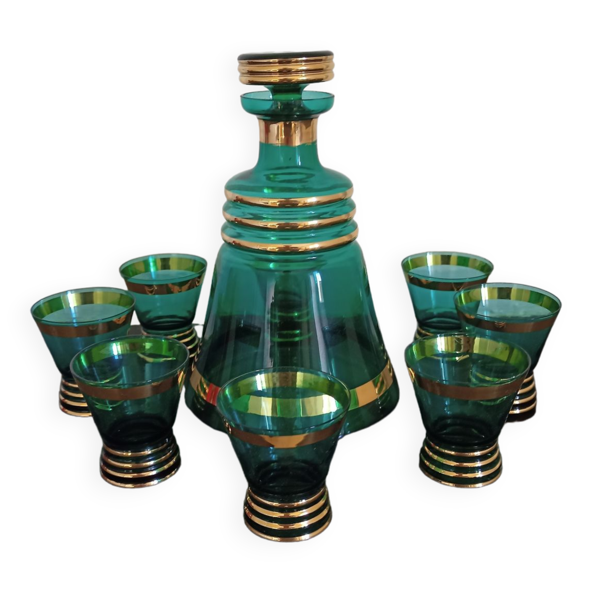 Carafe and glasses with green and gold liquor antique glass