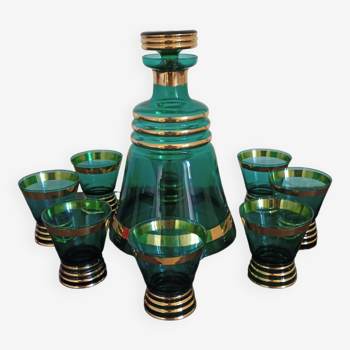 Carafe and glasses with green and gold liquor antique glass