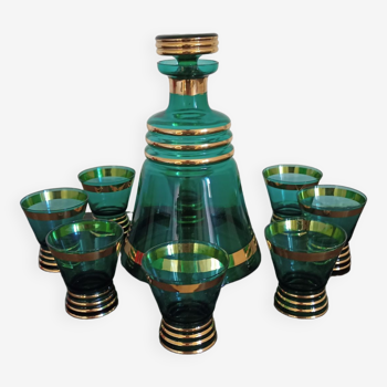 Carafe et verres à liqueur vert et doré verre ancien