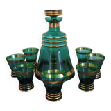 Carafe et verres à liqueur vert et doré verre ancien