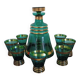 Carafe and glasses with green and gold liquor antique glass