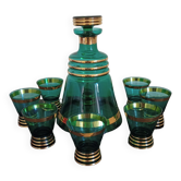 Carafe and glasses with green and gold liquor antique glass