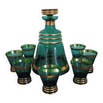 Carafe and glasses with green and gold liquor antique glass