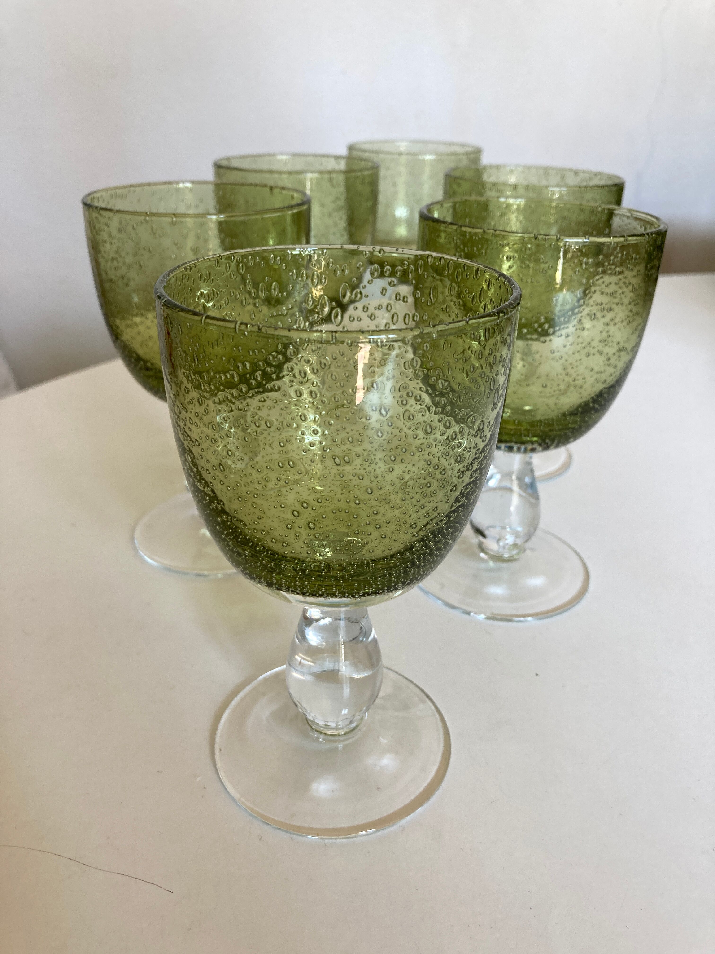 Set de 6 verres à vin 1970 en verre bullé vert