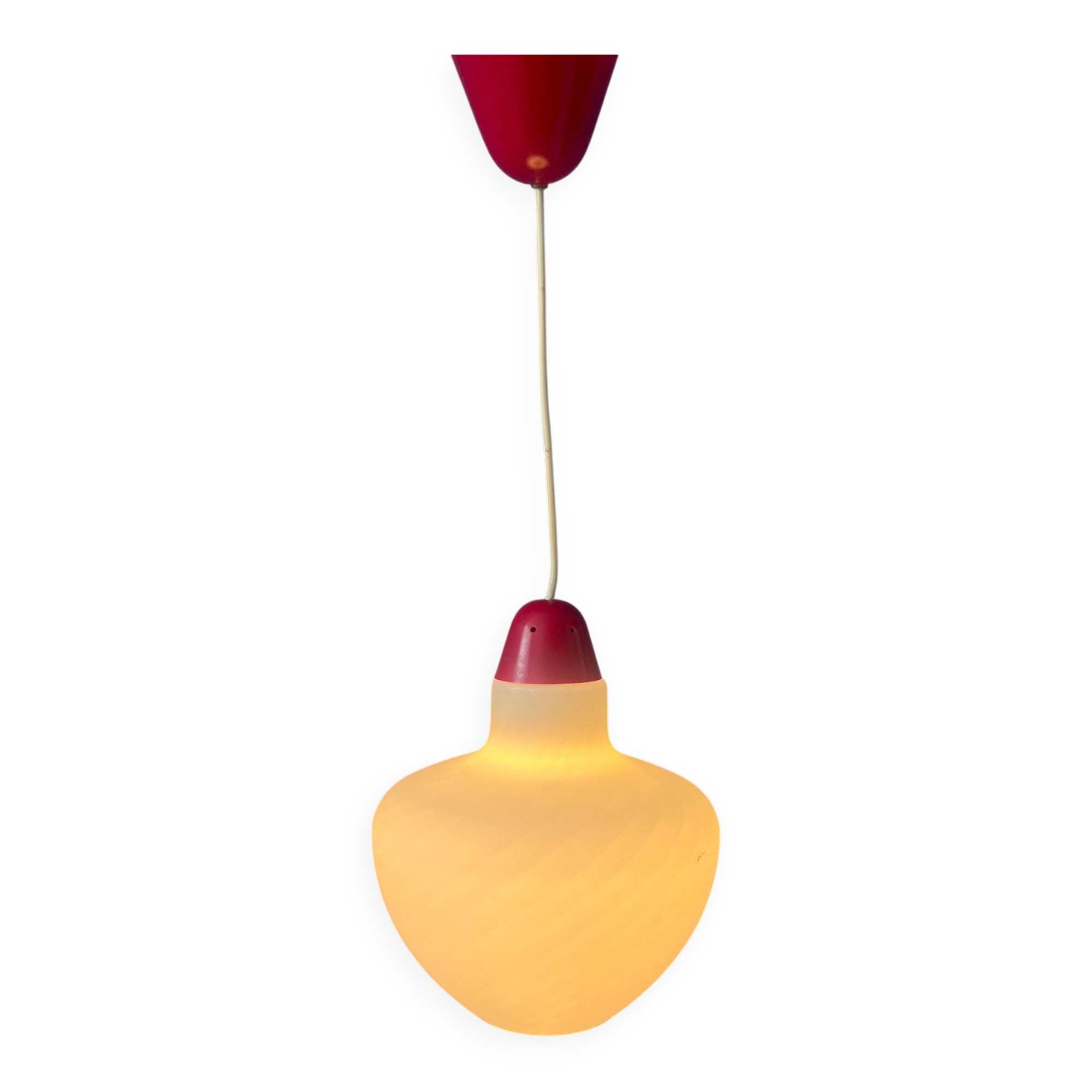 Mid-Century opaline glass suspension with a red upper part and ceiling cover.