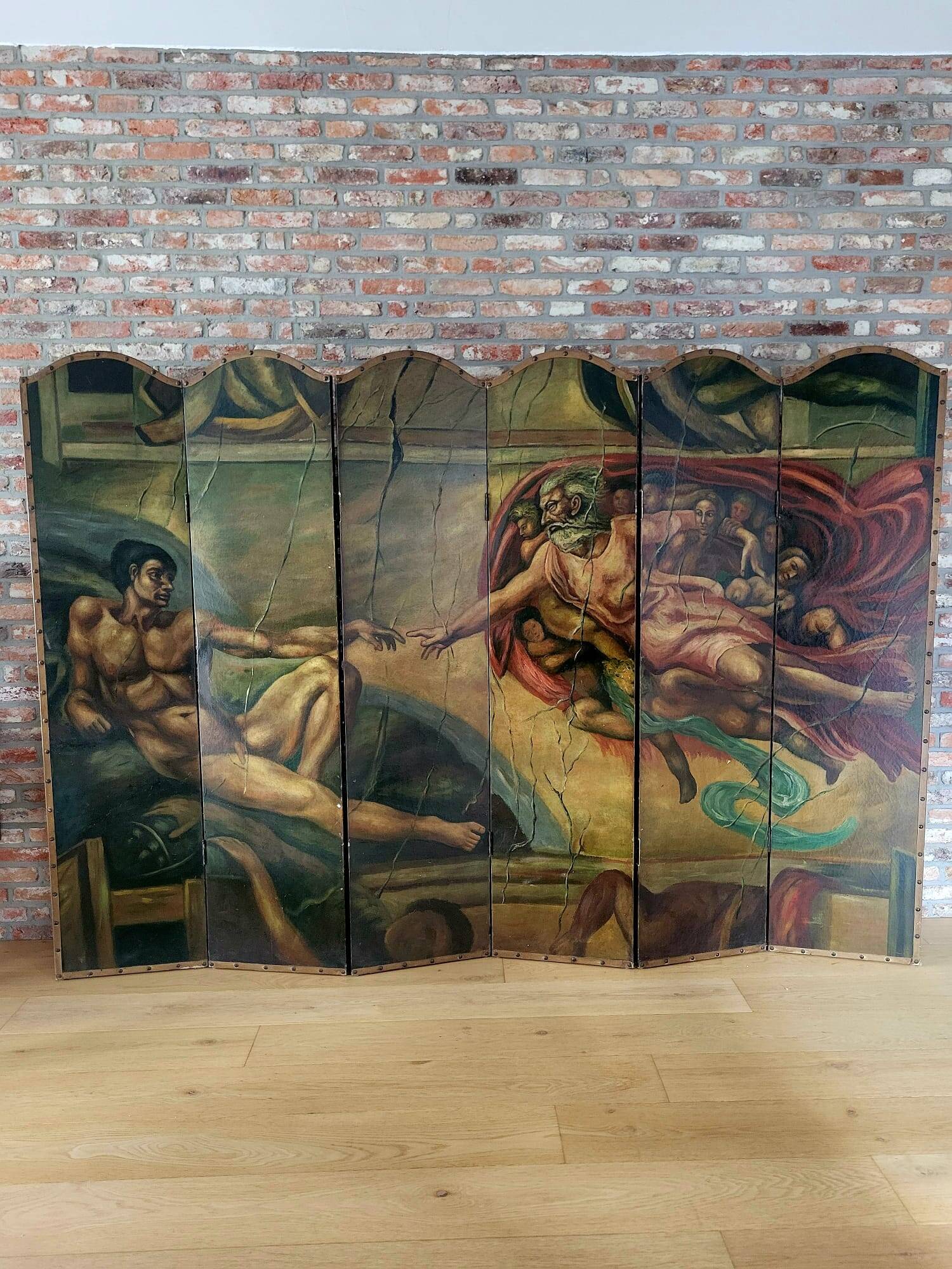 Rare paravent Art déco peint à la main dans le style de Michel-Ange