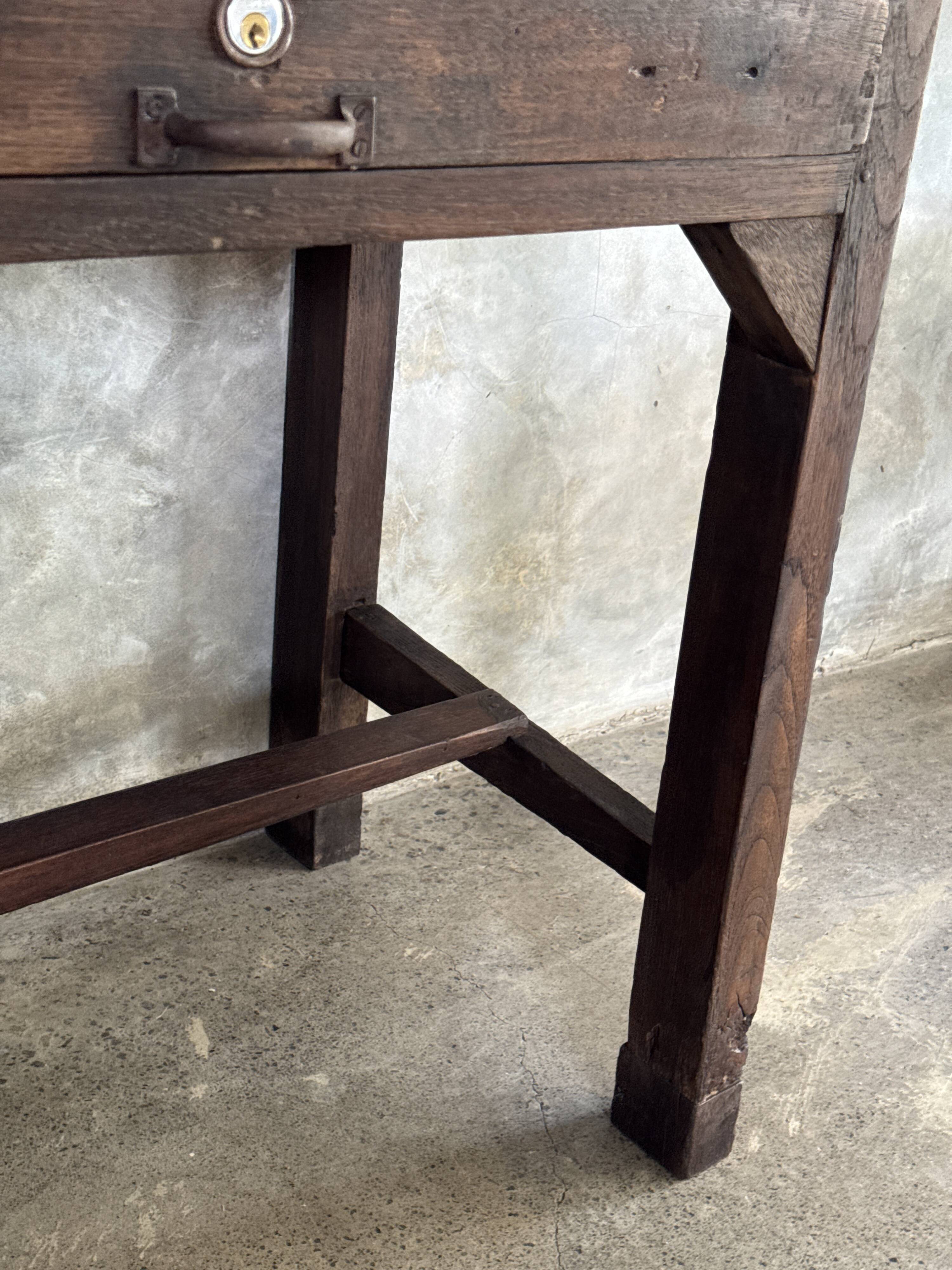 Antique Indonesian teak workbench with two drawers and stretcher H89.