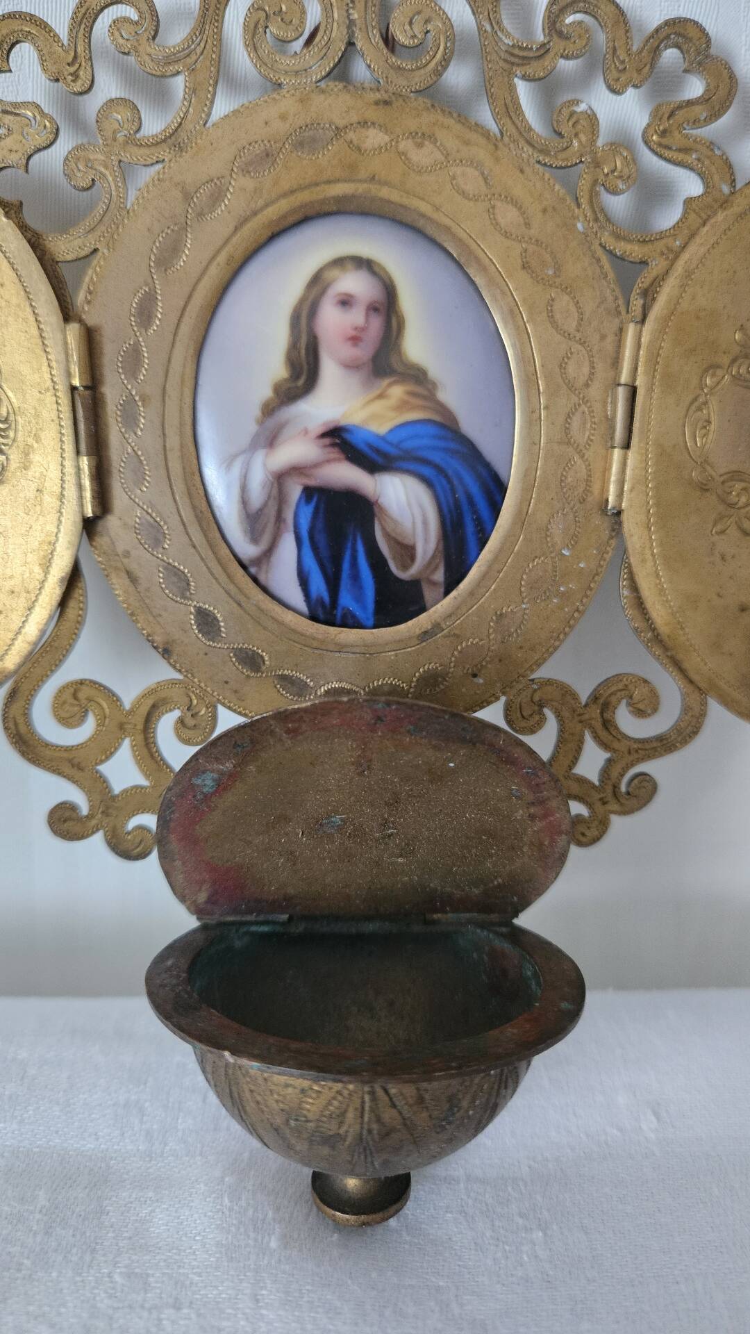 Antique triptych font brass porcelain