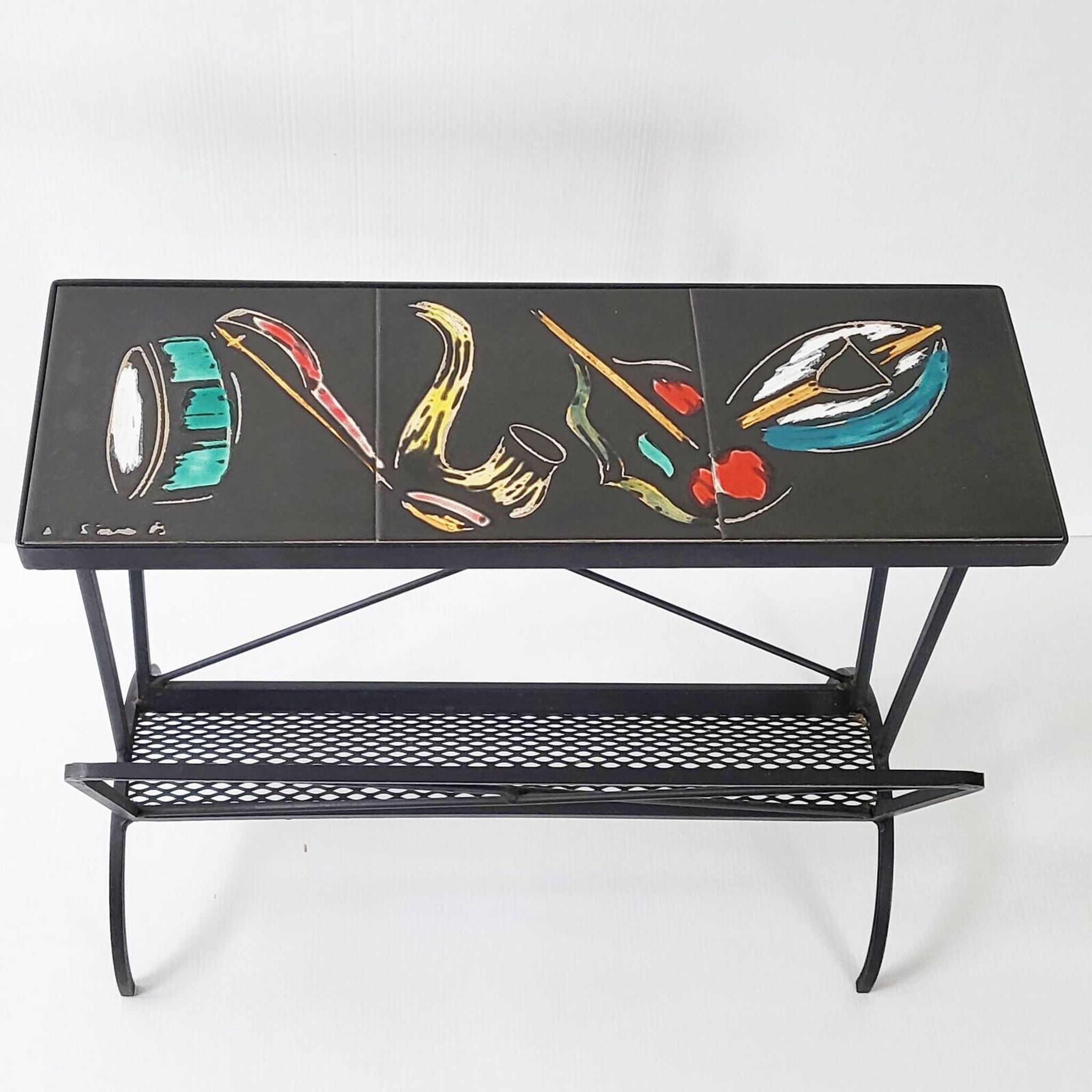 Vintage 1950s side table magazine rack ceramic & steel 50s 1950s music