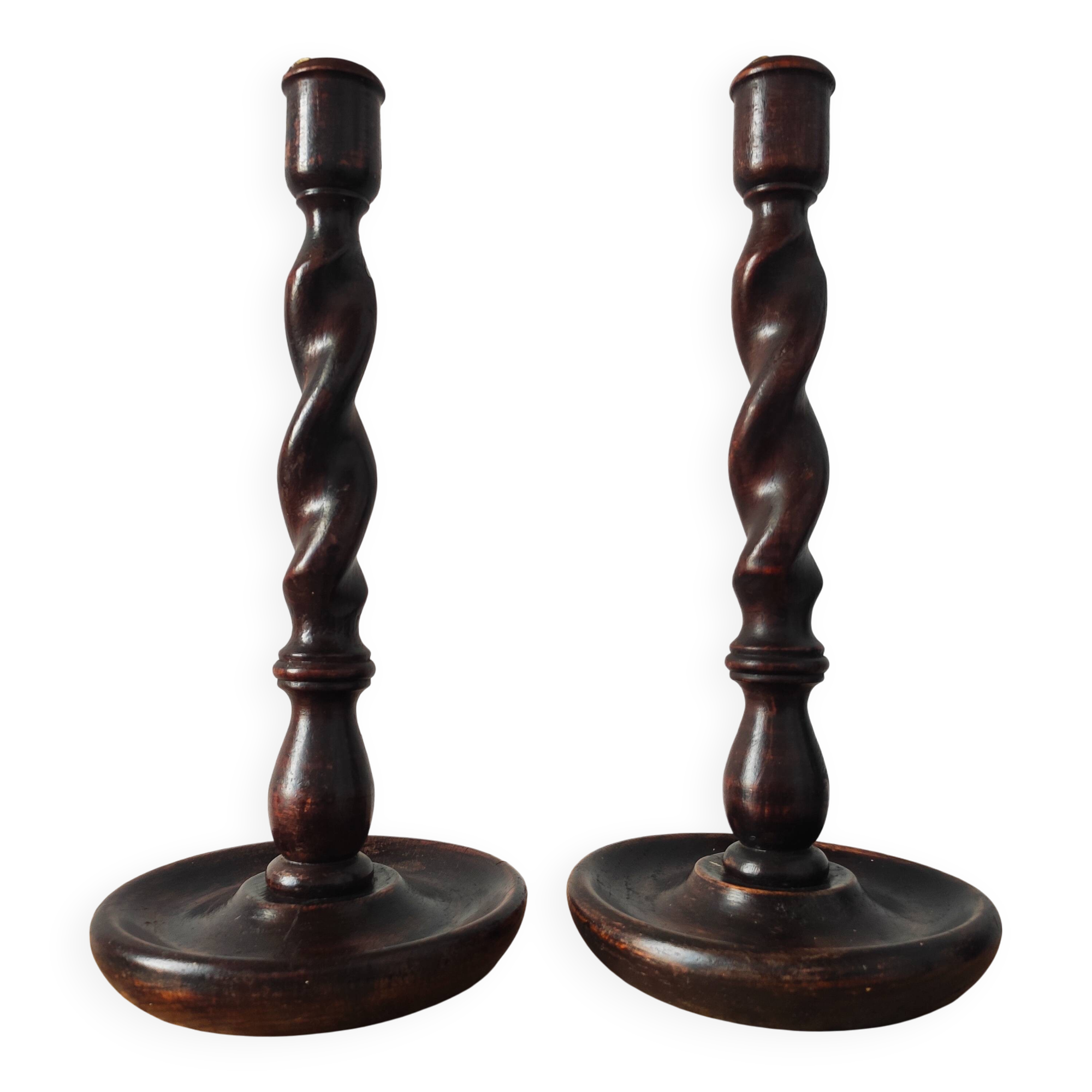 Old pair of English turned wood candlesticks