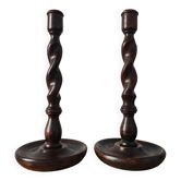 Old pair of English turned wood candlesticks