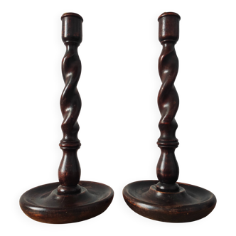 Old pair of English turned wood candlesticks