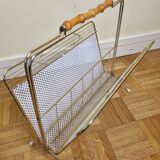 Vintage "Cavalier" magazine rack in white perforated metal and rattan