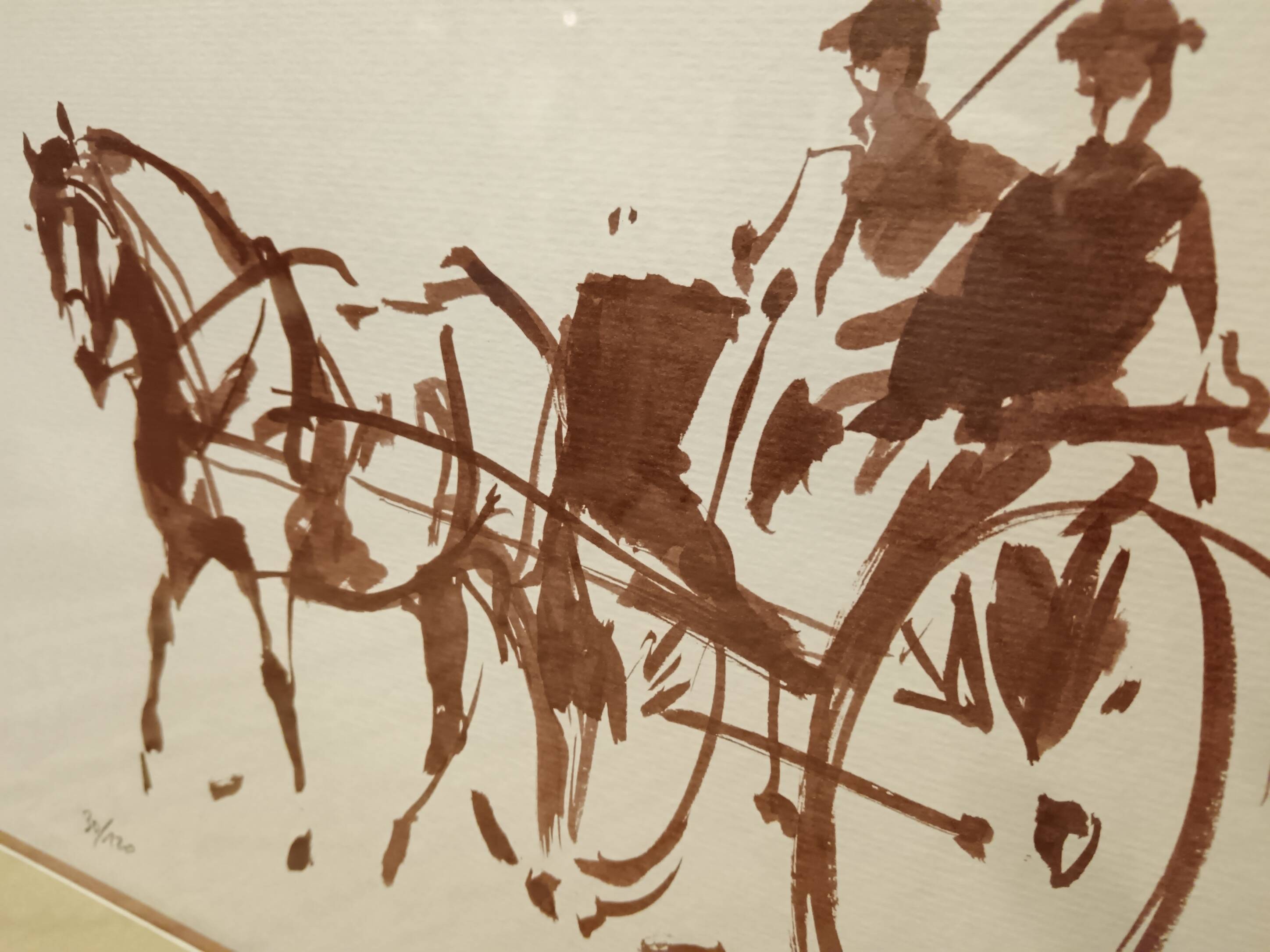 Frame and original and numbered watercolor by C. Spriet Horse and carriage