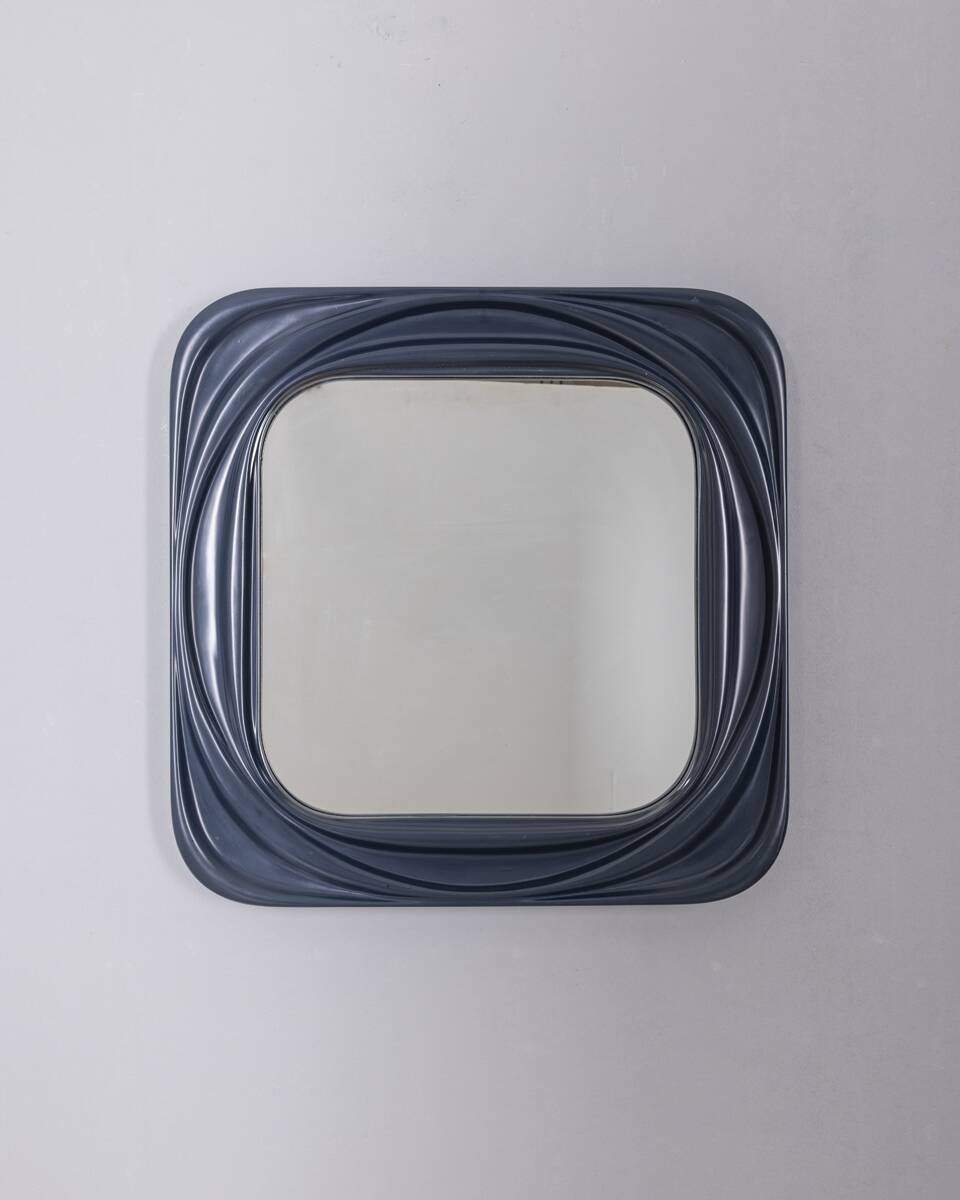Vintage 1970s square wall mirror in blue plastic, Italian design