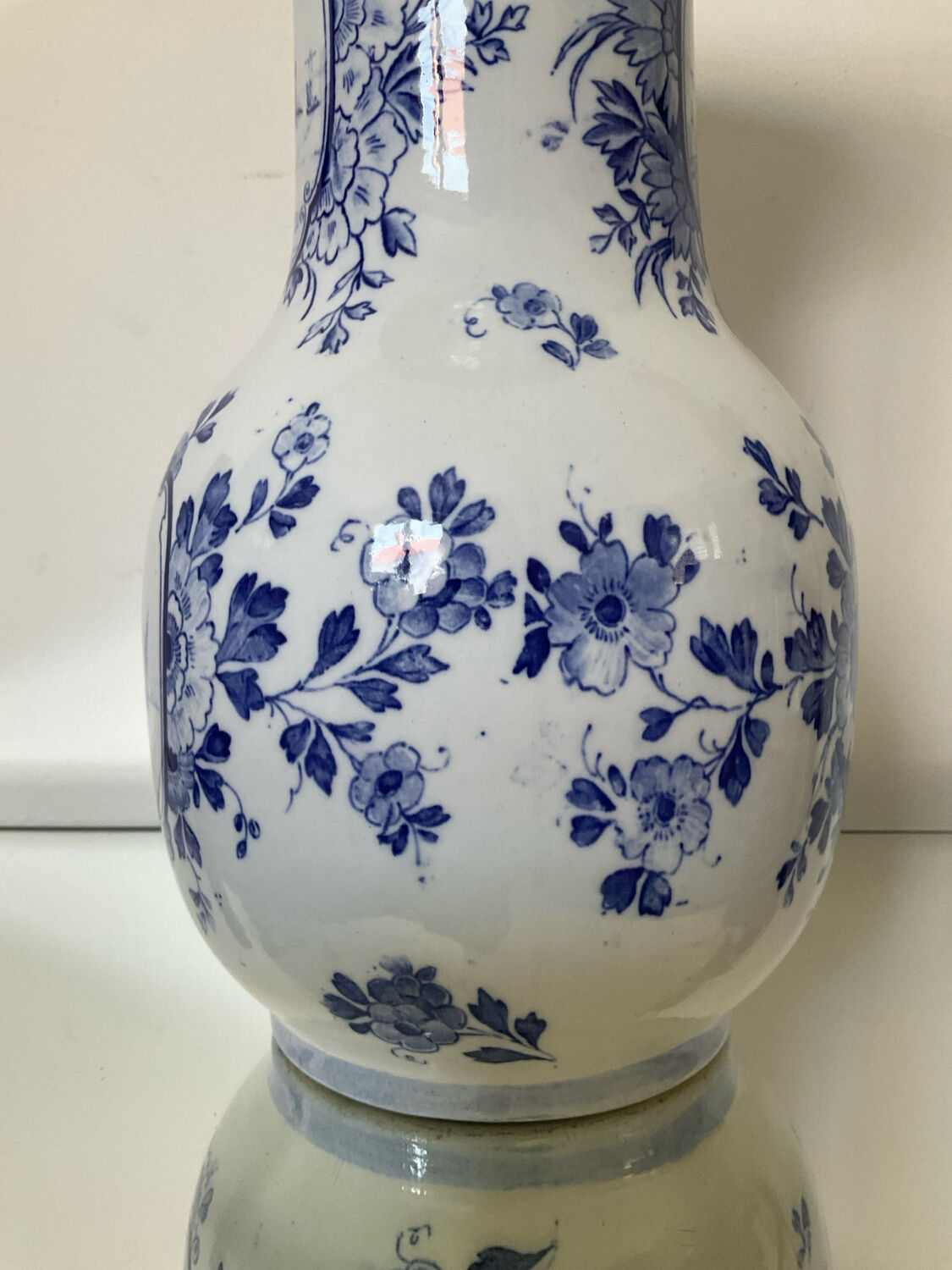 Large antique Delft blue and white porcelain vase signed