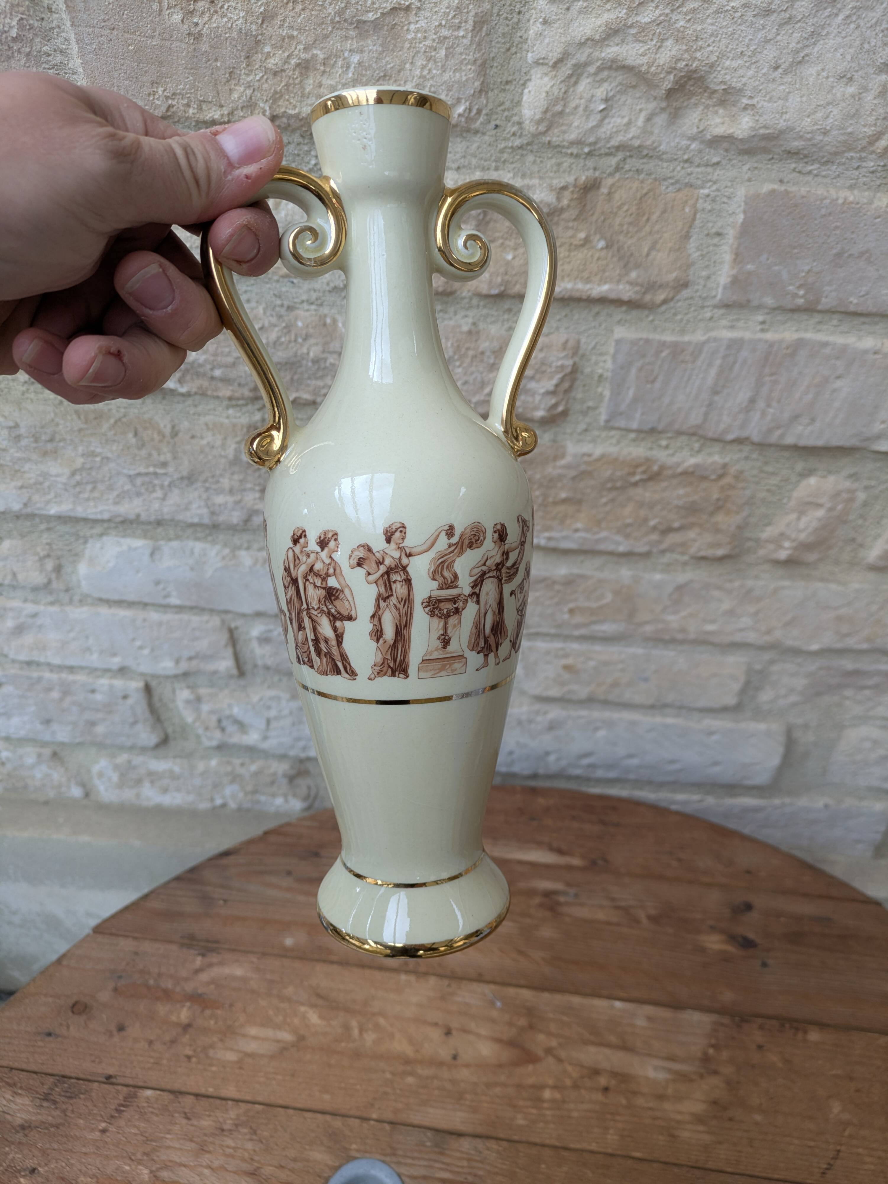 Antique amphora-shaped vase with Roman or Greek decoration