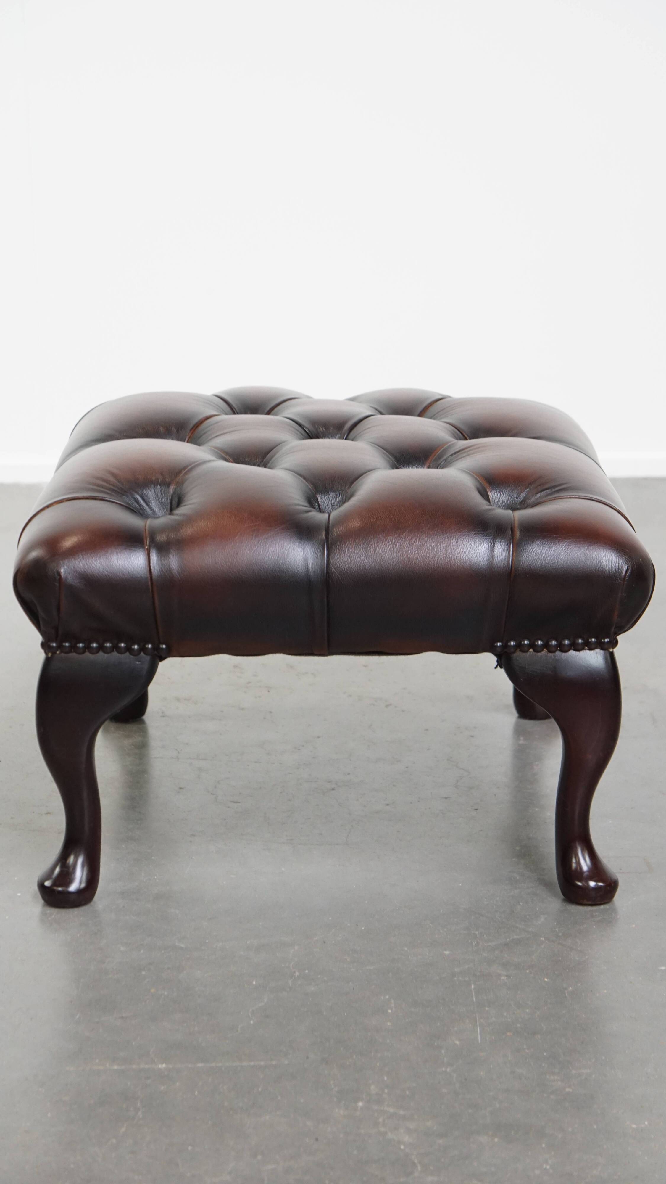 Dark Brown Chesterfield Ottoman Made of Cowhide Leather
