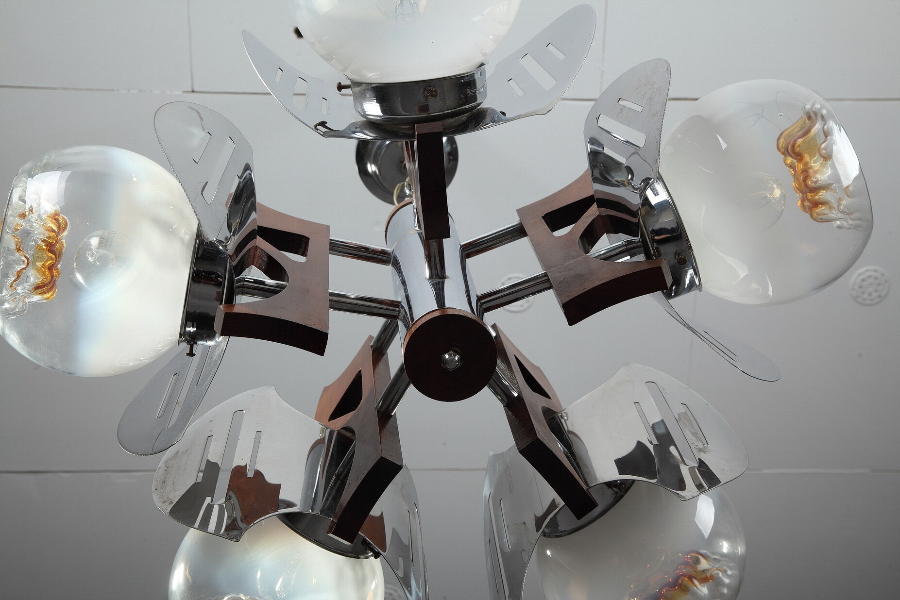 Mazzega chandelier in murano glass, chrome and wood, 1970's