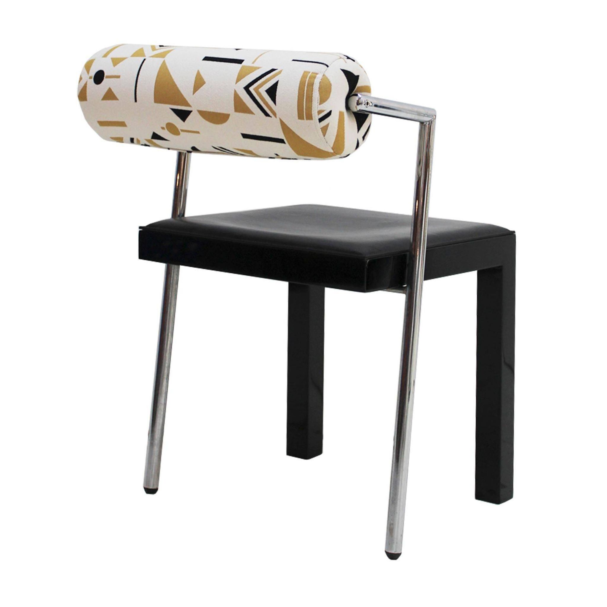 Set of Four Italian Chairs Edited by Saporiti. Jacquard Back and Leather Seat