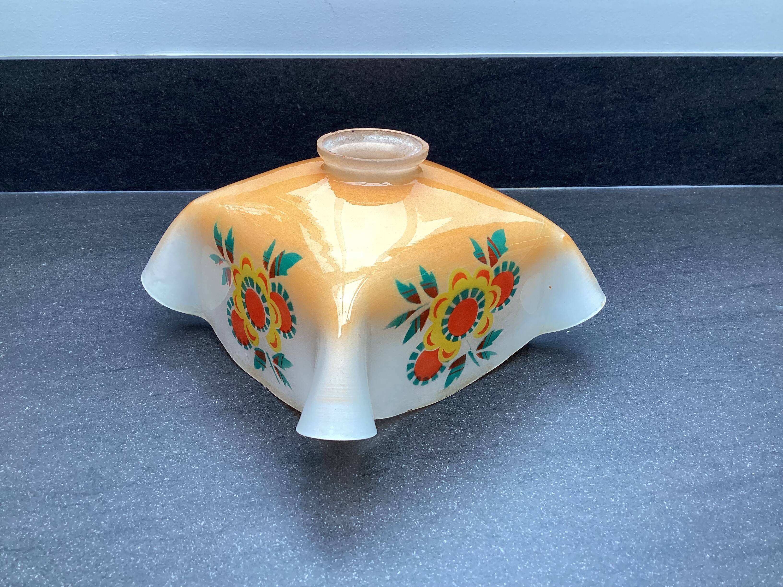 Vintage patterned painted glass pendant lampshade, Czechoslovakia